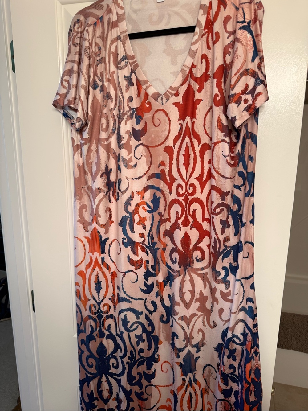 Women's V-Neck Midi Dress in Blush with Rust & Navy Print